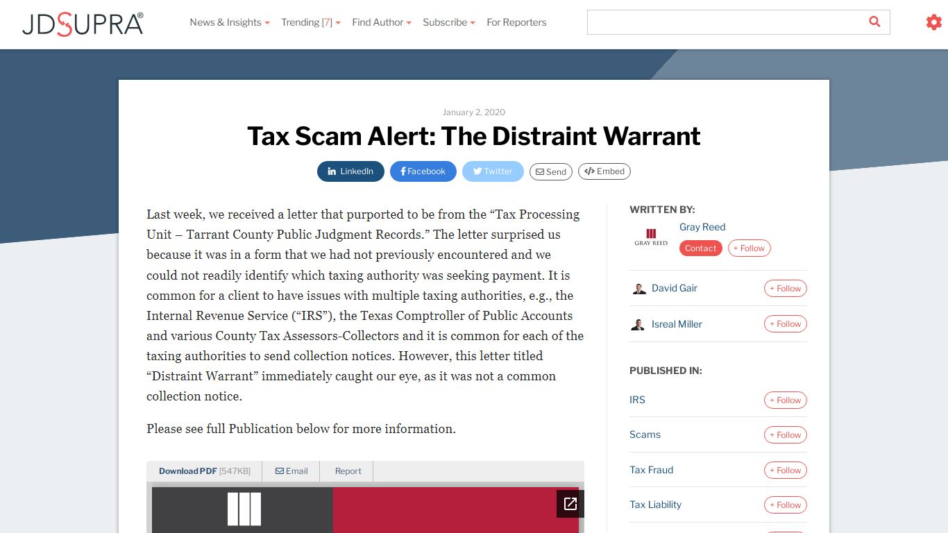 Tax Scam Alert: The Distraint Warrant | Gray Reed - JDSupra